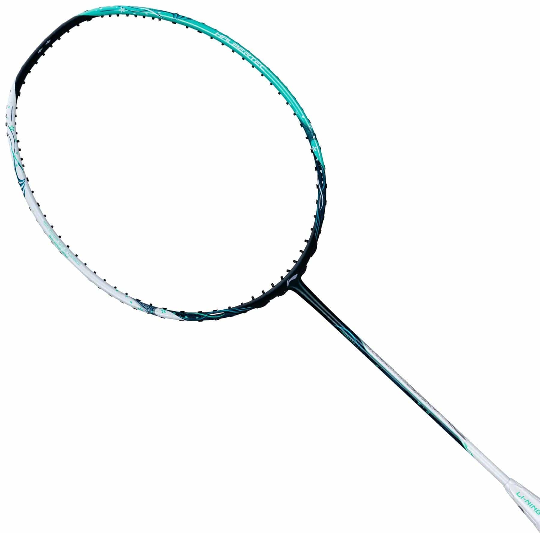 The Li-Ning Halbertec 6000 5U Badminton Racket - Jade Green features a thin, lightweight Super Weave Carbon Fibre frame and an oval head. Shown unstrung, the racket is mainly white with jade green accents.