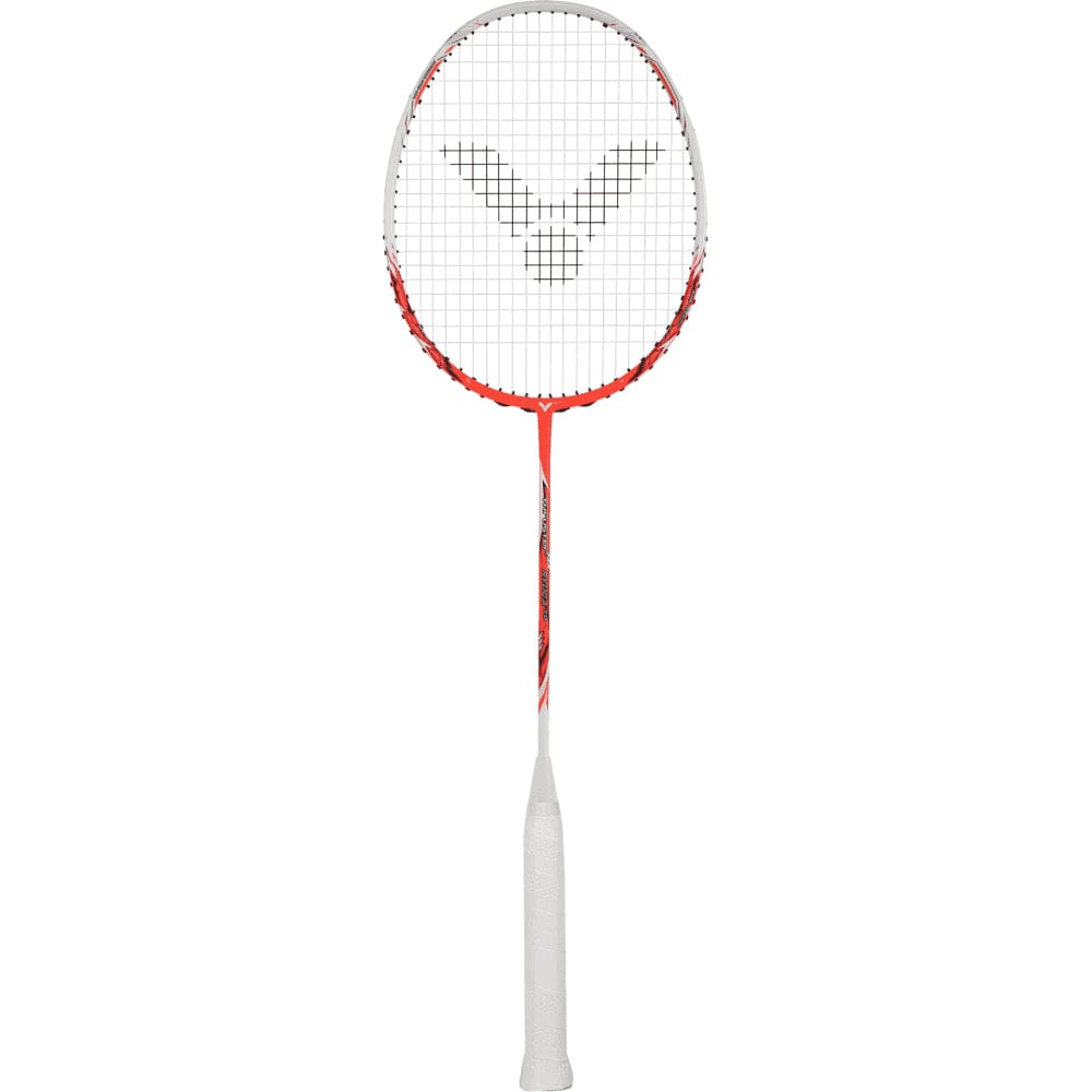 The Victor Thruster Ryuga TD Badminton Racket in Flame Red, by Victor, features an orange frame with white strings and a white handle, showcasing its innovative powerbox technology. The string pattern includes a logo design at the center, making it particularly appealing to advanced players who seek precision and control.