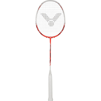 The Victor Thruster Ryuga TD Badminton Racket in Flame Red, by Victor, features an orange frame with white strings and a white handle, showcasing its innovative powerbox technology. The string pattern includes a logo design at the center, making it particularly appealing to advanced players who seek precision and control.