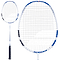 Close-up of the Babolat Satelite Rise Badminton Racket in Blue and White, showcasing a sleek white frame with striking blue and black accents. This head light design integrates Shot Optimizer technology, enhanced by a black grip and string pattern for superior performance.