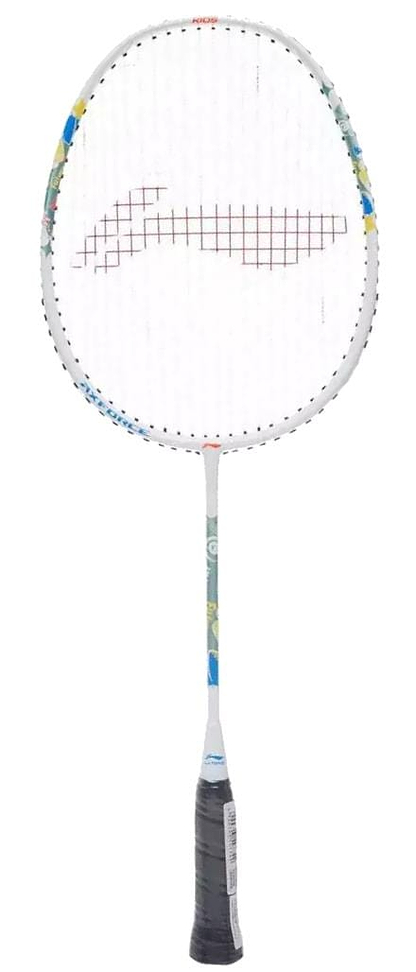 The Li-Ning Axforce Kids Play Junior Badminton Racket in Pearl White features a lightweight frame with a black grip handle and precisely gridded strings. Its colorful shaft design makes it ideal for young players on the court.