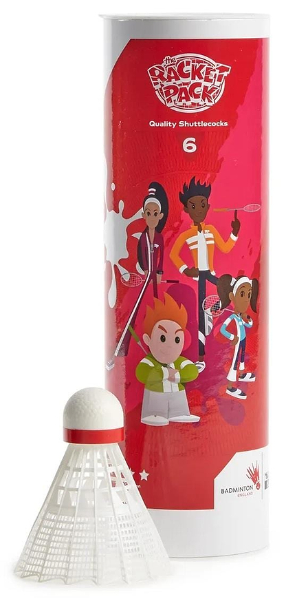 A red cylindrical tube labeled "Sure Shot The Racket Pack Nylon Badminton Shuttlecocks - Set Of 6" features cartoon badminton players, with a white shuttlecock adorned with a red band positioned in front.