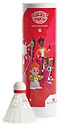 A red cylindrical tube labeled "Sure Shot The Racket Pack Nylon Badminton Shuttlecocks - Set Of 6" features cartoon badminton players, with a white shuttlecock adorned with a red band positioned in front.