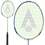 Close-up of a Karakal Black Zone BZ Lite Badminton Racket - White with its black handle and green strings, featuring an isometric head design. A black abstract logo adorns the center of the strings, elegantly displayed from both front and side angles.