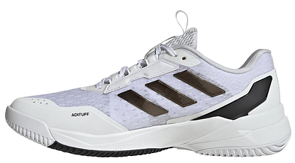 The adidas ADIDAS Crazyflight 6 Mens Indoor Badminton Shoes - White feature a white athletic design with black accents, three black side stripes, a textured sole, and "ADITUFF" near the toe, inspired by adidas' sporty heritage.