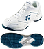 Yonex Power Cushion 65X4 Unisex Badminton Shoes in white feature blue accents and a side logo with "ERGOSHAPE" text. Designed for comfort and performance, the separately shown sole has a blue and white tread pattern to enhance grip and reduce fatigue.