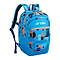 The Yonex 22512 Junior Badminton Backpack in Ocean Blue flaunts playful abstract patterns. It has adjustable shoulder straps, multiple zippered compartments, a side pocket, and an orange accent zipper, making it perfect for aspiring young players for casual or sports use.