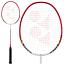 The Yonex Muscle Power 1 Badminton Racket - White / Red, designed for beginner players, showcases an isometric head shape with a striking red frame and white strings highlighted by a red logo. Its shaft features vibrant graphics, complemented by a sleek black grip.
