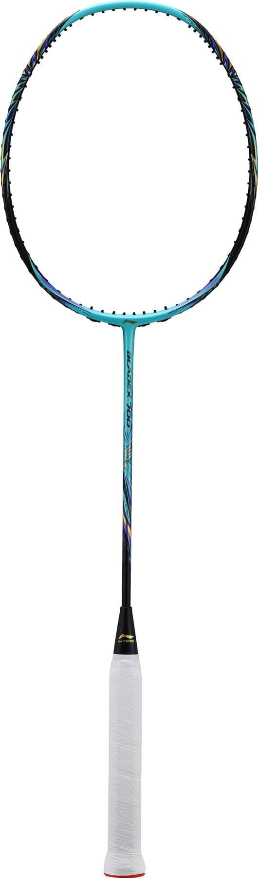 The Li-Ning BladeX 700 4U Badminton Racket in turquoise and black, shown vertically with a white grip on a plain background, offers a head heavy balance for powerful shots.