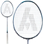 The Ashaway Phantom Shard 5 5U badminton racket, in blue, features a white grip and an "A" design on the strings. This metallic beauty, shown from side-by-side and front angles, includes Shardtech technology for improved performance.