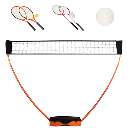 Discover the Sure Shot Quick Fit 3 in 1 Garden Net Set by Sure Shot, featuring a portable multi-sport net system with orange posts, vibrant red tennis rackets and ball, two badminton rackets with shuttlecocks, and a sleek white volleyball for ultimate on-the-go fun!.