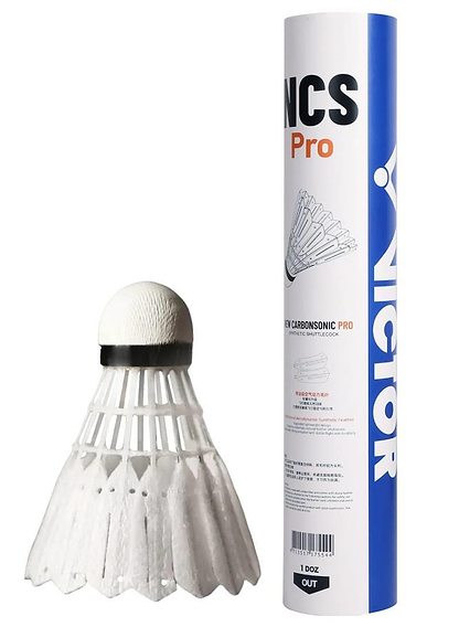 A set of 12 Victor New Carbonsonic PRO NCS synthetic feather shuttlecocks stands upright next to a blue and white Victor tube, which displays shuttlecock graphics and product details.