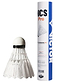 A set of 12 Victor New Carbonsonic PRO NCS synthetic feather shuttlecocks stands upright next to a blue and white Victor tube, which displays shuttlecock graphics and product details.