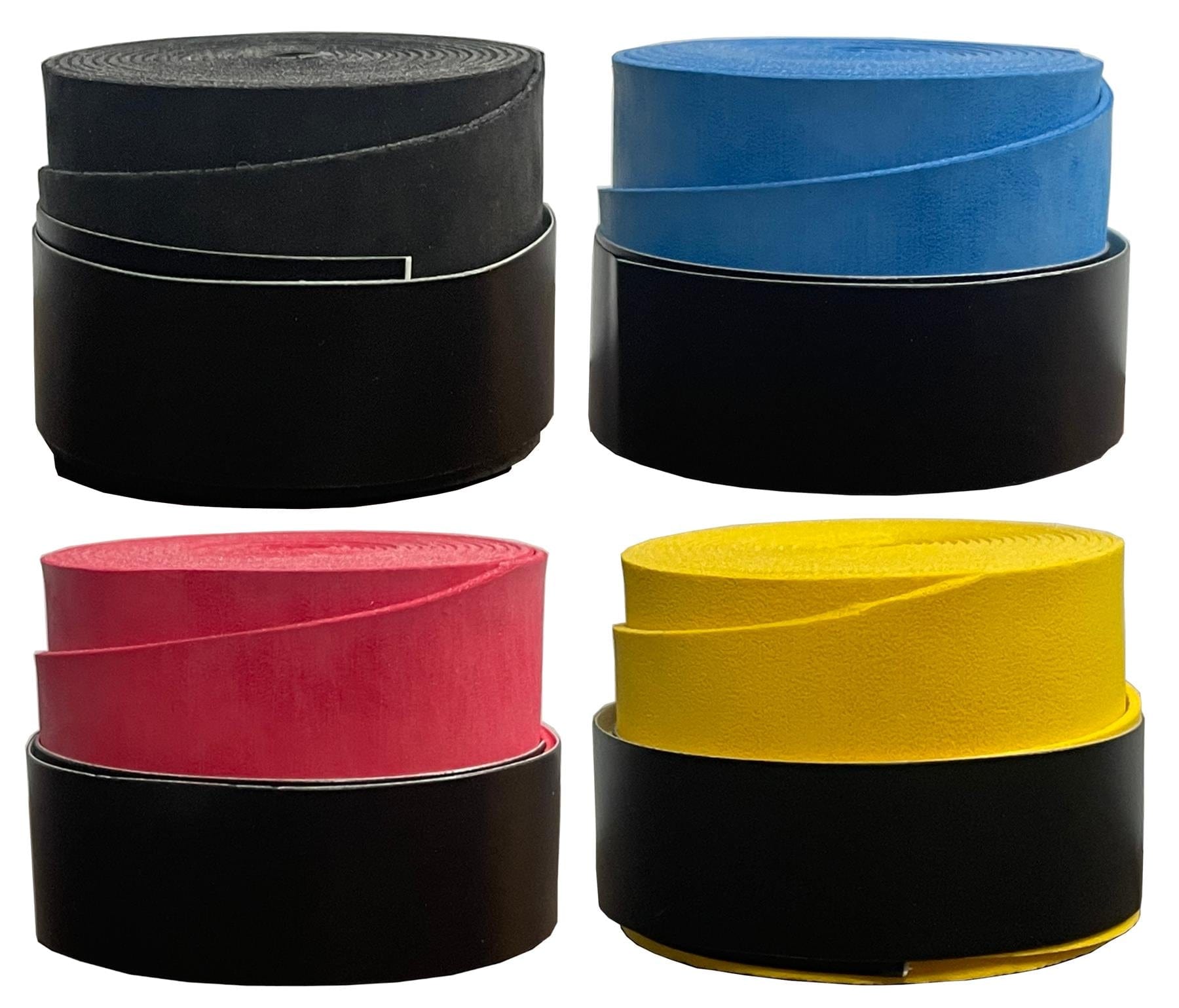 Three coiled rolls of BadmintonHQ Badminton Overgrip (3 Pack) are displayed in black, blue, and red, each with a black strip at the bottom, set against a white background.