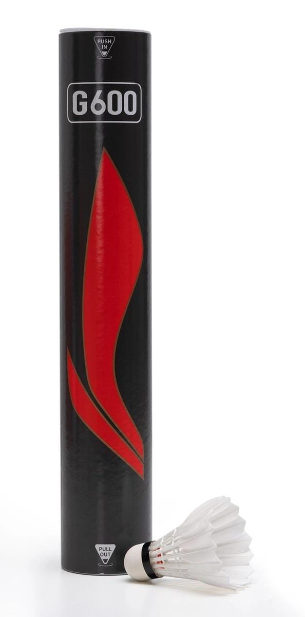 A sleek black cylindrical container marked "G600" with a striking red design stands upright. In front, a premium-quality Li-Ning G600 Feather Shuttlecock featuring a distinctive black band takes center stage, ideal for tournament play and highlighting the sports equipment motif.