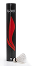A sleek black cylindrical container marked "G600" with a striking red design stands upright. In front, a premium-quality Li-Ning G600 Feather Shuttlecock featuring a distinctive black band takes center stage, ideal for tournament play and highlighting the sports equipment motif.