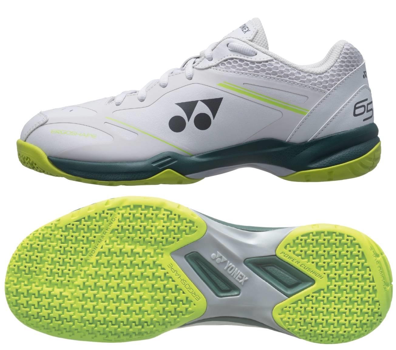 Yonex Power Cushion 65X4 Viktor Axelsen Badminton Shoes in White/Lime, with green and gray accents, mesh upper, and a textured outsole for indoor grip—shown from the side and bottom. This is a Yonex signature model.