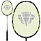 The Carlton Tru-Storm FS 2000 Badminton Racket in black and yellow by Carlton features a yellow string net and a black triangular pattern at the center of the head, shown both in full view and with a close-up of the racket head.
