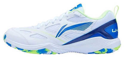 The Li-Ning Blast JF-01 Lite Unisex Badminton Shoes in white, blue, and green feature blue stripes, neon green lining, and a multicolored non-marking outsole—perfect lightweight footwear for badminton enthusiasts.