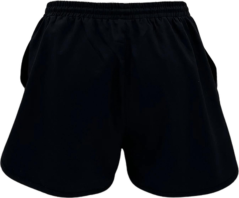 The Yonex YST2024 Womens Badminton Shorts in black, made from breathable sports fabric with an elastic waistband and quick-drying design, are shown on a white background.