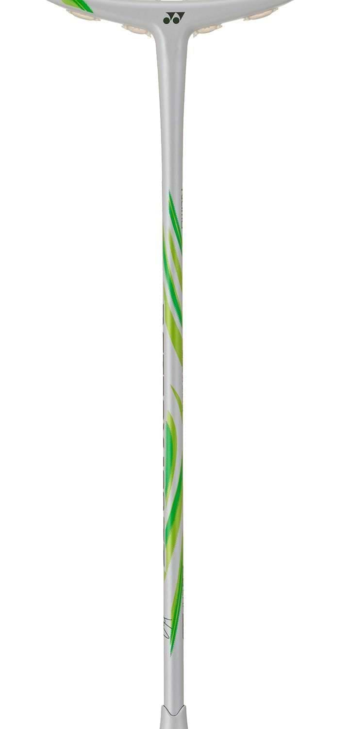 A close-up of the Yonex Astrox 100 ZZ VA Viktor Axelsen Badminton Racket - Greyish Beige shaft, featuring green and yellow designs, shown vertically against a plain background—preferred by Viktor Axelsen.