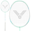 The Victor Thruster K 8 G 4U Badminton Racket in Light Cyan features Power Box technology and a black V-shaped pattern on the stringbed, shown with a close-up of the racket head next to its full-length view.