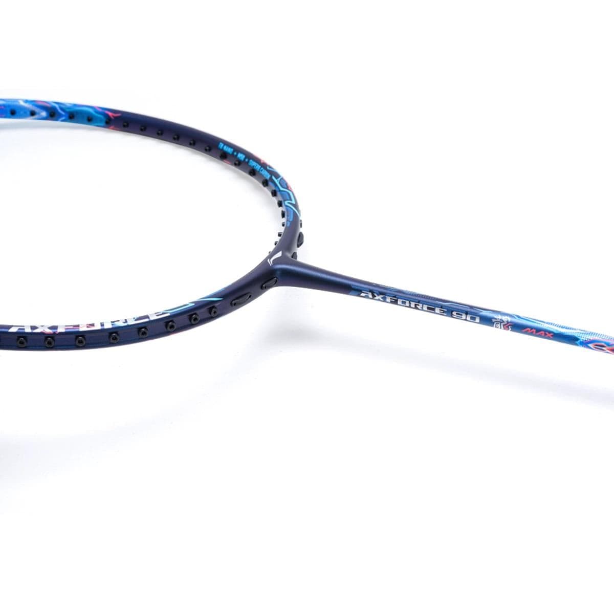 Close-up of the Li-Ning Axforce 90 Dragon Max 4U Badminton Racket in Blue, ideal for advanced players, with its name elegantly displayed on the shaft, set against a pristine white background.