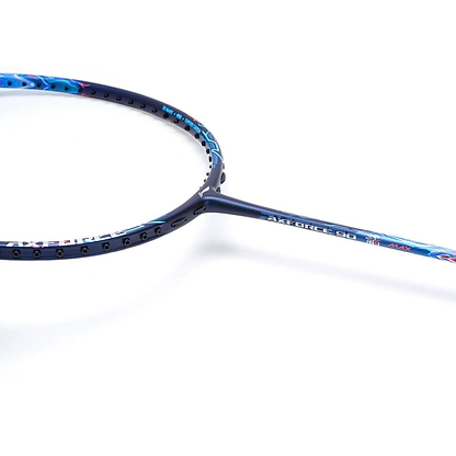 Close-up of the Li-Ning Axforce 90 Dragon Max 4U Badminton Racket in Blue, ideal for advanced players, with its name elegantly displayed on the shaft, set against a pristine white background.