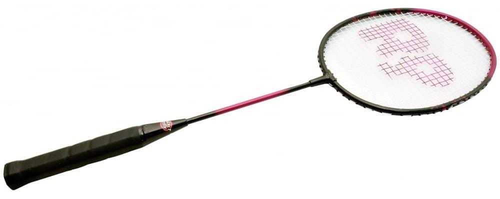 The Sure Shot The Racket Pack Flo 25 Inch Badminton Racket features a maroon shaft, black grip, and red logo on the string area. Angled diagonally left on a white backdrop, it's lightweight aluminum design suits younger players.