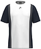 The HEAD Club Tech 25 is a navy and white athletic shirt with short sleeves, featuring a minimalist design. It has a contrasting panel layout separated by gray stripes, a small logo near the neckline, and is crafted from breathable fabric with Moisture Transfer Microfiber.