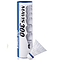 A tube of Yonex Mavis 300 Badminton Nylon Shuttles White - Set of 6 stands upright, with one white shuttlecock with a blue band in front. The white and blue packaging features Yonex branding and the Mavis 300 product name.