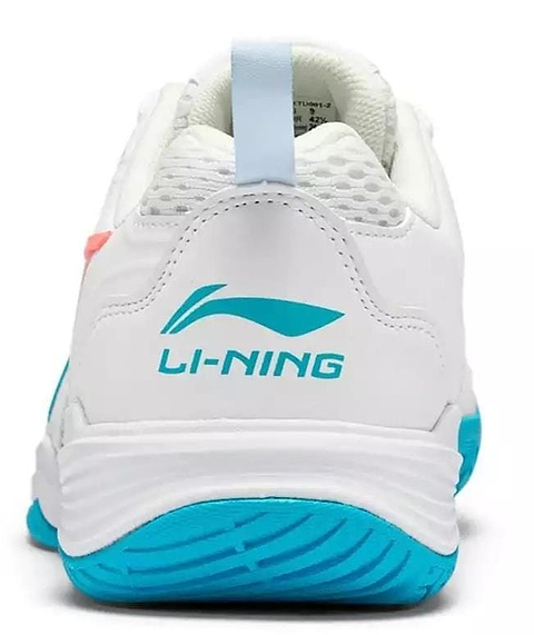 The Li-Ning Almighty V2.0 Unisex Badminton Shoes in white/blue feature the blue Li-Ning logo and text on the heel, a blue and white sole, and are designed for superior breathability.
