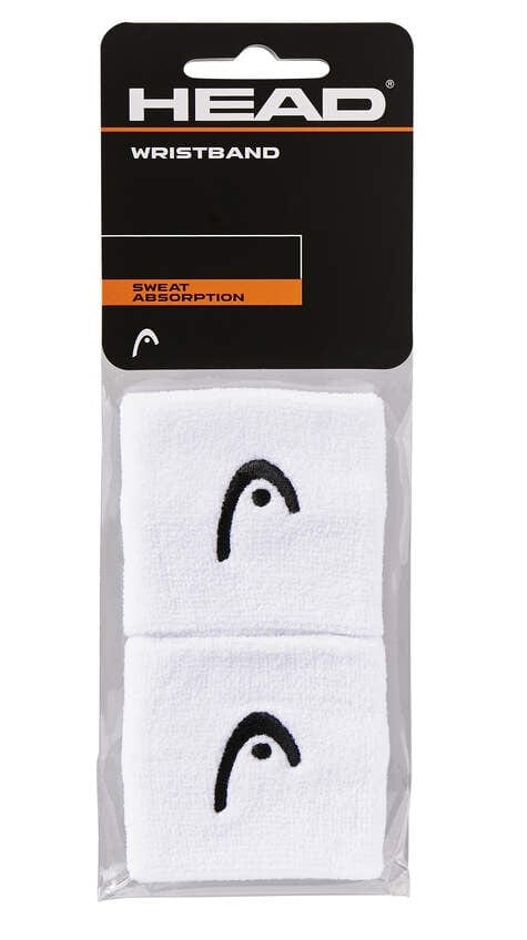 The packaging of the HEAD 2.5" Badminton Wristband - White highlights two white sweatbands featuring the iconic logo. Emphasizing "Sweat Absorption," these wristbands provide excellent elasticity for improved comfort and performance during badminton games.
