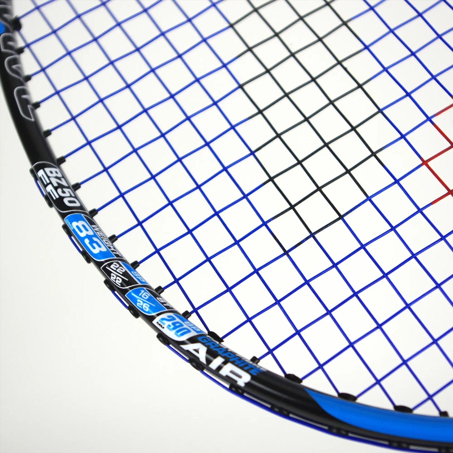 Close-up of the Karakal Black Zone BZ 50 2.1 Badminton Racket's isometric square head, featuring blue strings and a black frame with white, blue, and silver markings. The plain light background accentuates its fast-fibre graphite construction.