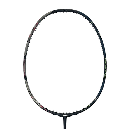 A close-up of the Li-Ning Halbertec 9000 Power Badminton Racket - Black / Silver by Li-Ning shows its unstrung oval frame and sleek, high-performance design details against a white background.