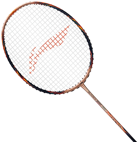 The Li-Ning BladeX 900 Sun Max 3U Badminton Racket in red copper features a professional frame, white string bed with an orange pattern, and advanced HDF Shock Absorbing System, shown against a white background.