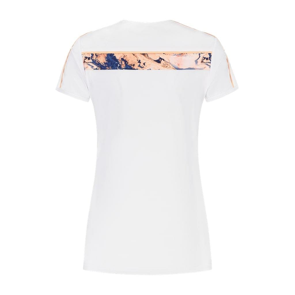 The K-Swiss Hypercourt Crew Tee 3 Women's Badminton T-Shirt in white showcases a back view with a horizontal marble-patterned stripe in black, pink, and beige across the upper back and sleeves. This t-shirt is part of the K-Swiss Hypercourt high-performance range, blending style with athletic functionality.