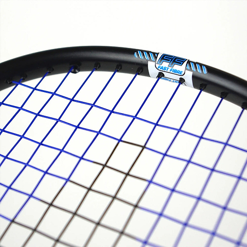 Close-up of a Karakal Black Zone BZ 50 2.1 badminton racket head with tightly-strung blue strings. The black frame, crafted from Fast Fibre Graphite, features an "Isometric square head" label. The image highlights the string pattern and part of the frame against a plain white background.