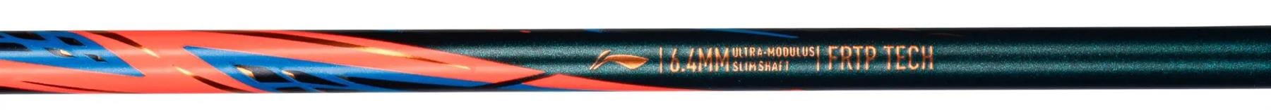 A close-up of the Li-Ning Axforce 90 5U Badminton Racket in black, featuring blue, orange, and red accents. Made from carbon fibre, it displays the gold Li-Ning branding on its shaft.