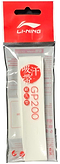 The Li-Ning GP200 Badminton Overgrip in white features red and white branding on its transparent packaging, showcasing the grip inside. It includes a red top section with the Li-Ning logo, highlighted by Asian text accents emphasizing shock-absorbing properties.