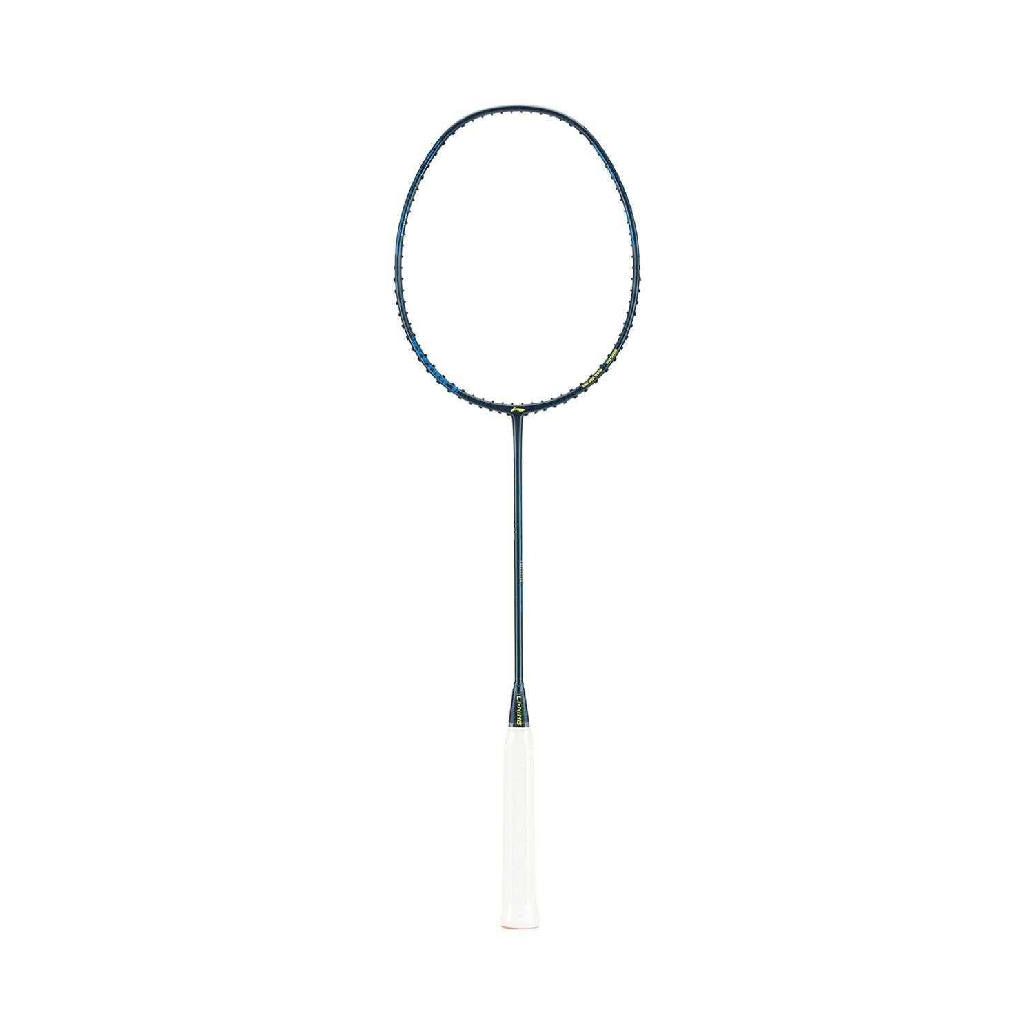 A Li-Ning Axforce 10 5U Badminton Racket - Indigo (Unstrung) by Li-Ning, featuring a head-heavy balance, black frame, and white handle, is shown standing vertically against a plain white background.