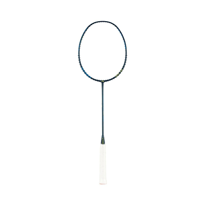 A Li-Ning Axforce 10 5U Badminton Racket - Indigo (Unstrung) by Li-Ning, featuring a head-heavy balance, black frame, and white handle, is shown standing vertically against a plain white background.