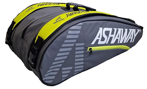 The Ashaway ATB871 Triple Thermo 9 Racket Badminton Bag in grey/yellow features a side zipper pocket, prominent white Ashaway branding, and dual top carrying handles for easy transport.
