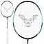Displayed are two Victor Auraspeed 90K Metallic 4U badminton rackets in black and blue, both equipped with white grips and featuring a teal and black design. The strings are arranged in a stylized "V" pattern. One racket is shown in its entirety, emphasizing its superior shock absorption capabilities, while the other is presented in a close-up view.