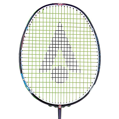 The Karakal Black Zone BZ Pro Badminton Racket features a black frame, green strings with Muscle Tec Technology, and a triangle logo at the stringbed center. Its isometric head enhances precision, all set against a plain white background.