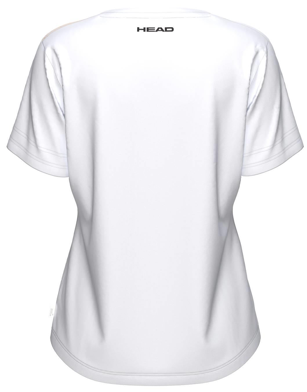Back view of the HEAD Tie-Break II Womens Badminton T-Shirt - APXW, featuring a plain white design, short sleeves, "HEAD" in black near the neckline, and moisture-wicking fabric for comfort.