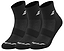 The Babolat Quarter 3 Pack Badminton Socks in black are arranged in a row, each showcasing a subtle white logo on the side. These socks feature textured patterns and ventilated zones designed to enhance grip, comfort, and support.