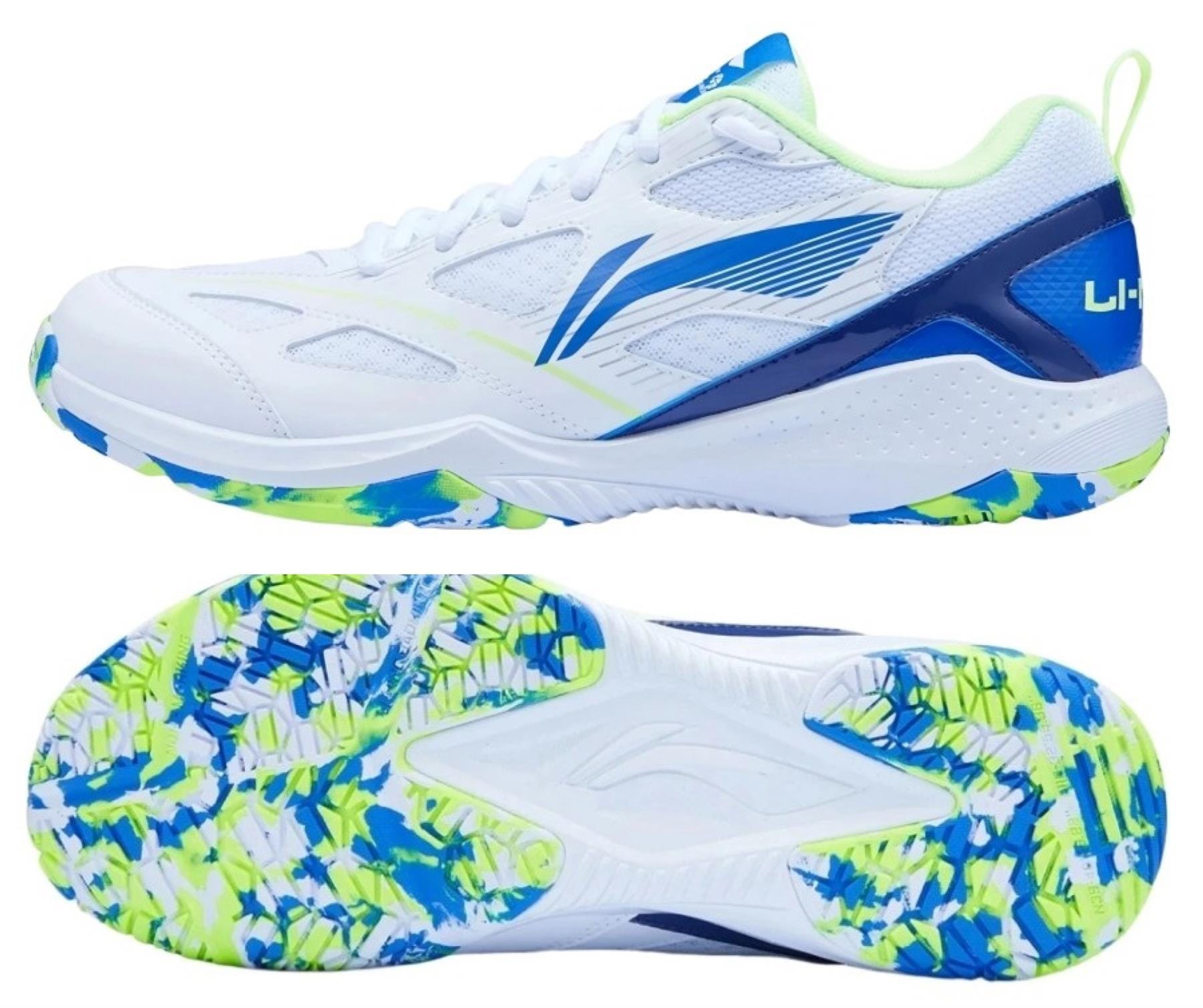 The Li-Ning Blast JF-01 Lite Unisex Badminton Shoes in white, blue, and green feature a vibrant camo-patterned non-marking outsole, lightweight design, and stylish blue and neon green accents—shown from the side and bottom.