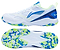 The Li-Ning Blast JF-01 Lite Unisex Badminton Shoes in white, blue, and green feature a vibrant camo-patterned non-marking outsole, lightweight design, and stylish blue and neon green accents—shown from the side and bottom.