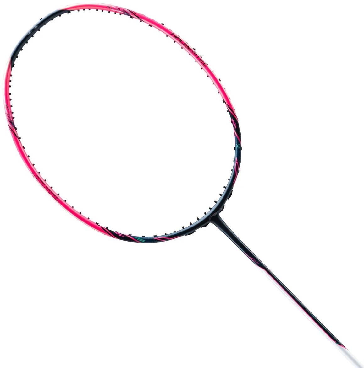 A close-up image of the Li-Ning Halbertec Motor Pro 5U Badminton Racket in black and pink, made from high-modulus graphite, is displayed without strings against a white background.